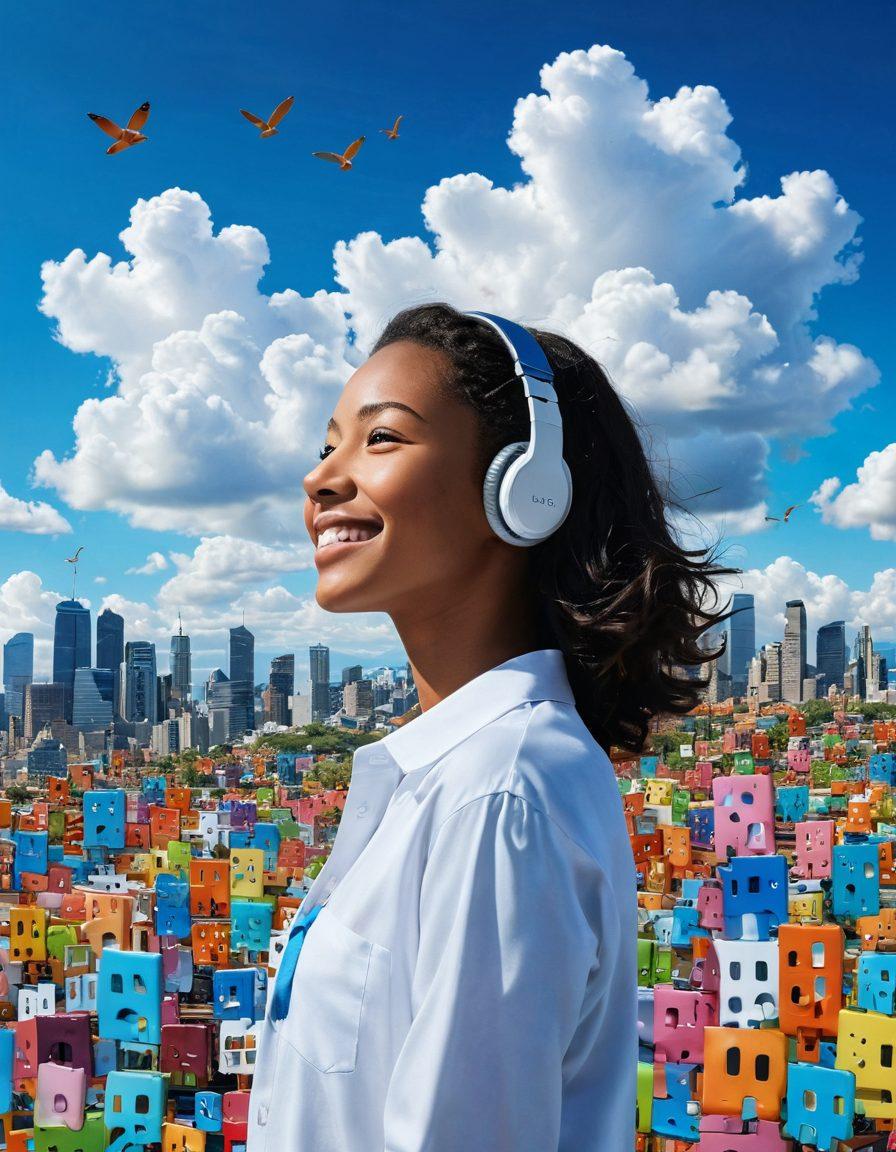A serene digital landscape showcasing a person joyfully using technology, surrounded by floating locks symbolizing digital privacy. The background features a vibrant cityscape with clouds shaped like happy faces, representing a stress-free lifestyle. Incorporate elements of light and shadow to symbolize the balance between concealment and openness. Use bright, uplifting colors to evoke a sense of happiness and freedom. super-realistic. vibrant colors. white background.