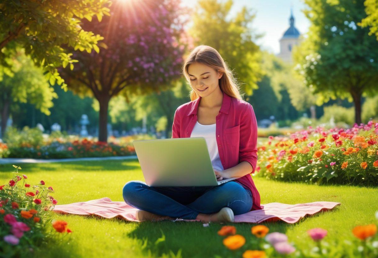 A serene landscape showcasing a person joyfully browsing on a laptop in a sunlit park, surrounded by vibrant greenery and colorful flowers, symbolizing safety and happiness in the digital world. Include a subtle digital security shield icon in the background. super-realistic. bright colors. soft focus.