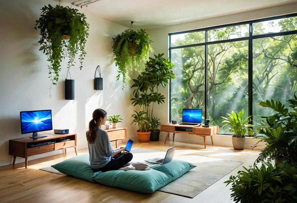 A serene digital landscape depicting a bright, sunlit room filled with modern tech gadgets, like laptops and smartphones, surrounded by lush greenery symbolizing privacy and tranquility. A person joyfully interacting with these devices, showcasing a sense of security and happiness. Soft rays of light filtering through, emphasizing a harmonious balance between technology and nature. super-realistic. vibrant colors. peaceful atmosphere.
